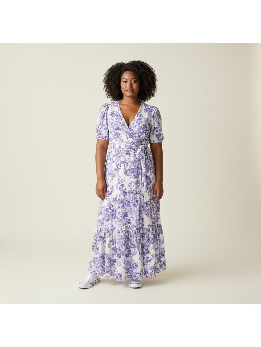 SheIn Dress Women XL White Floral Maxi Long V-Neck Short Sleeve Belted Casual